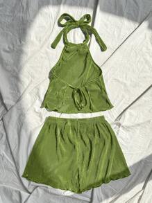 SHEIN Unity Women's 2pcs Solid Color Halter Top & Mini Skirt Set, Fashionable For Summer - Green - View 2