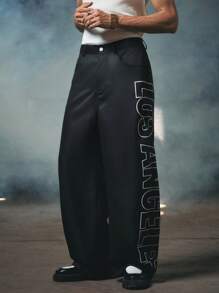 Manfinity VCAY Letter Graphic Street Style Wide Leg Pants For Men - Black - View 4