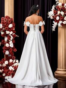 Glamrae Elegant White Satin Off The Shoulder Ruched Front Floral Decor Adjustable Tie Back Maxi Ballroom Dress With Dramatic Tail Train, Wedding Dress, Bride