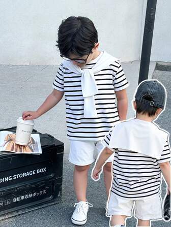 SHEIN 2 Pieces Set Young Boys Casual Sports College Artistic Style Retro Black And White Striped Round Neck T-Shirt And White Shorts Suit With Shawl Decoration Suitable For Young Boy Clothing Young Boy Clothes Back To School Boy Suit Suitable For Birthday Parties, Evening Parties, Performances, Weddings, Baptisms, Opening Ceremonies, Daily Suitable For School Suitable For Travel Suitable For Vacation Suitable For Spring And Summer