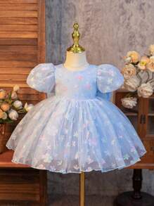 SHEIN Glamorique Kids Blumenkleid, Geburtstagparty, Hochzeitsfestival Kleid - Blaues Volumenkleid mit Puffärmeln für Baby Mädchen, abnehmbarer großer Schlupfenschleife, florales Prinzessinnenkleid, leicht für Sommer, Strand, Tropen