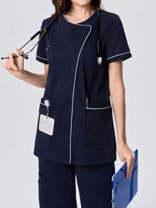 Scrubzie Camice da infermiera donna con scollo asimmetrico e tessuto a contrasto di colore, a maniche corte
