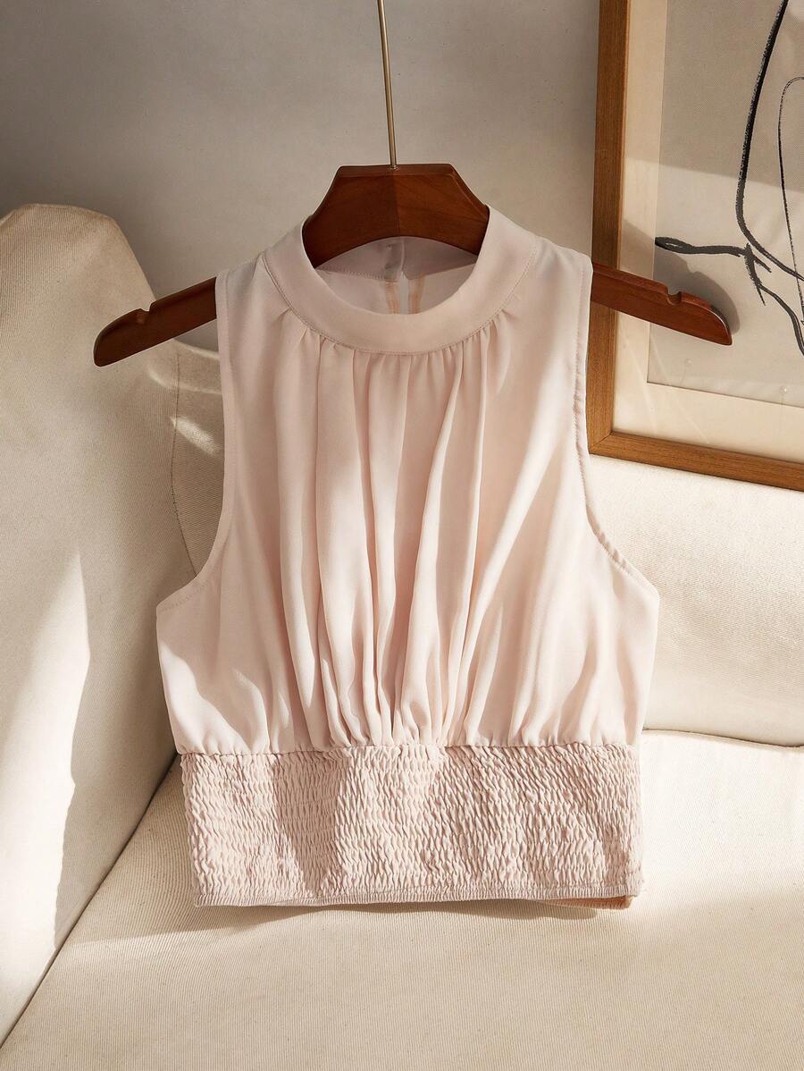 Firerie Women's Blush Pink Chiffon Shirred Sleeveless Blouse Top,Summer Elegant Brunch Lightweight Fabric Shirt For Commuting, Vacation,Beach,Wedding - Baby Pink - View 1