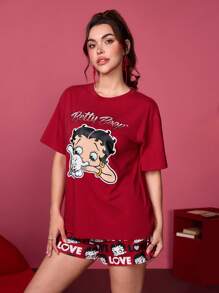 Betty Boop x SHEIN Women Casual Cartoon Graphic Round Neck Short Sleeve Top And Shorts Red Pajama Set, Summer