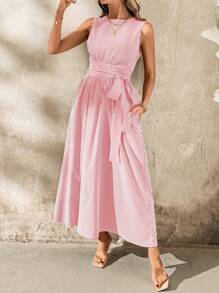 SHEIN Clasi Đầm suông không tay, cổ tròn, thắt eo, túi, rộng rãi, thoải mái cho nữ, thích hợp mặc trong nhiều dịp khác nhau, đi làm thường ngày và du lịch - Đỏ - Xem 1