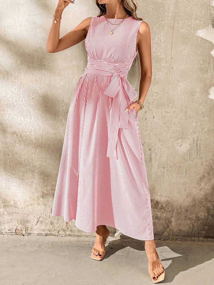 SHEIN Clasi Đầm suông không tay, cổ tròn, thắt eo, túi, rộng rãi, thoải mái cho nữ, thích hợp mặc trong nhiều dịp khác nhau, đi làm thường ngày và du lịch - Đỏ - Xem 1