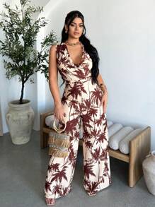 SHEIN SXY Women's Boho Palm Tree Print Sleeveless Cowl Neck Long Jumpsuit: Woven Fabric, Multicolor, Knot Detail For A Stylish Look. - Multicolor - View 4