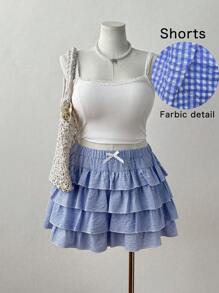 Sweetra Plus Size Women's Princess Ruffled Bow Decor Casual Shorts, Summer Vacation - Blue - View 1