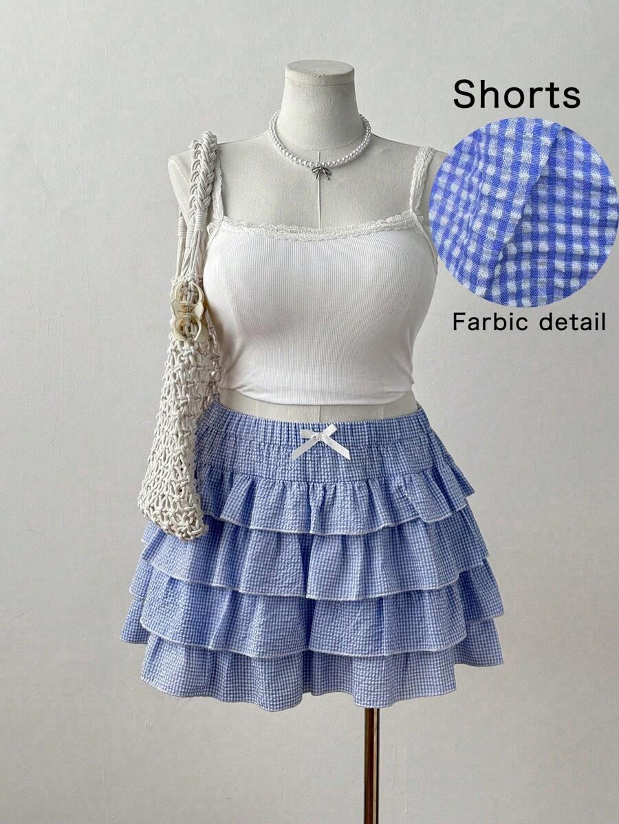 Sweetra Plus Size Women's Princess Ruffled Bow Decor Casual Shorts, Summer Vacation - Blue - View 1
