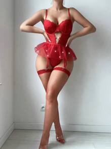 SHEIN Bộ 4 bộ đồ liền thân ren mỏng phối ren cho nữ (có gọng, chân váy ngắn, 2 đôi tất lưới) Đồ lót cô dâu khi đi chơi - Đỏ - Xem 5