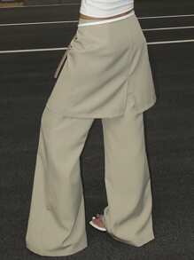 DAZY Patchwork Flare Pants, Casual Elegant Women Summer Trousers - Khaki - View 2