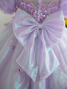 SHEIN Vestido de fiesta de estilo princesa con mangas abullonadas, con flores 3D y lentejuelas para niñas jóvenes, para cumpleaños, eventos escolares y verano