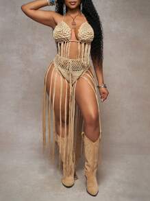 Slaydiva Plus Size Women Beach Vacation Spaghetti Strap Tassel Tank Top & Hollow Out Tassel Shorts Set, Perfect For Sexy Party, Holiday - Khaki - View 1