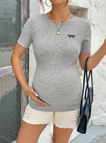SHEIN Maternity T-Shirts - Casual Solid Color Knit Crewneck Slim Fit Regular T-Shirt With  Bow Pattern,Underwear&Sleepwear,Pajama Set,Lingerie,Lingerie Set,Pajama,Loungewear - Grey - View 4