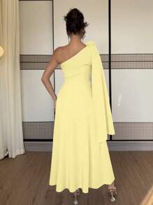 Chiquease Váy midi chữ A trang trí hoa xếp nếp cổ chữ A thanh lịch thanh lịch kiểu Pháp, màu xanh, xuân/hè - Vàng nhạt - Xem 2