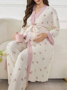 Moonlight&Mama 3pcs Maternity Pregnant Women Bubble Texture Floral Print Patchwork Camisole Top + Pants + Robe Sleepwear Set, Fall Winter Clothes