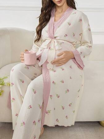 Moonlight & Mama 3pcs Maternity Pregnant Women Bubble Texture Floral Print Patchwork Camisole Top + Pants + Robe Sleepwear Set, Fall Winter Clothes