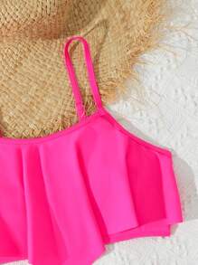 2025 New Girls' Printed Ruffled Trim Tankini Set Bikini, Beach & Pool Swimwear - Hot Pink - View 3