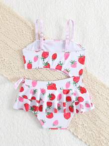 Baby Girl Cute Strawberry Print Waist Cutout Ruffle One-Piece Swimsuit - Multicolor - View 2