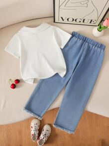 SHEIN 2pcs/Set Girls Cherry Embroidery Short Sleeve Top And Elastic Waist Denim Jeans