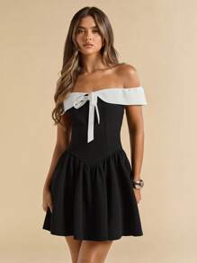 SHEIN BAE Vestido negro y blanco con contraste y hombros descubiertos, adecuado para fiesta, graduación, vestido negro, invitada de boda o verano - Negro - Ver 3