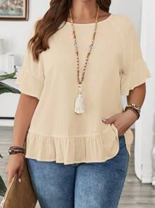 EMERY ROSE Plus Size Women Solid Color Raglan Sleeve With Ruffle Hem Casual Blouse - Apricot - View 5