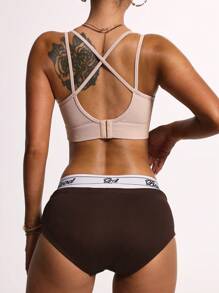 SHEIN Sport Studio Damen gerippter geknöpfter Sport-BH mit Kreuzrücken Design