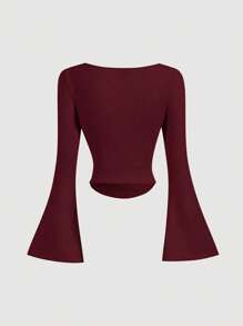 SHEIN Tall Women Solid Color Round Neck Flared Sleeve Slim Fit T-Shirt - Burgundy - View 2