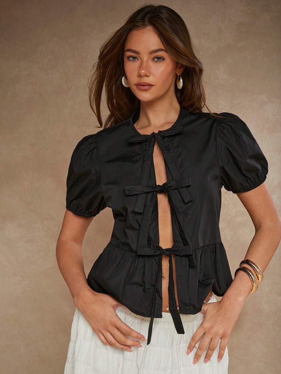 COSMINA Quirky Fun Bow Puff Sleeve Top - Black - View 1