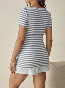 SHEIN Comfortable Cotton Blend Striped Nursing Dress With Discreet Breastfeeding Access And Notched Neckline For Easy Nursing