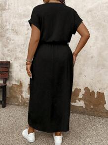 Plus Size Dames Effen Ronde Hals Vleermuismouwen Korte Mouw Asymmetrische Zoom Casual Jurk, Zomer Maxi Dames Outfit