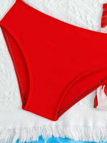 Young Girl Red Criss-Cross Wrap Spaghetti Strap Bikini Swimwear With Floral Print Mini Skirt - Red - View 4