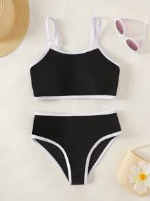 Tween Girls Solid Color Splice Pattern Casual Bikini Set - Black and White - View 7