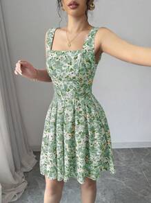 Elenzga Women's Romantic Resort Square Neck A-Line Ruffle Trim Rose Floral Pattern Slip Dress, Suitable For Valentine's Day - Green - View 5