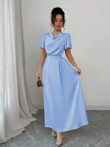 Elenzga 女士香槟色缎面 V 领修身腰后蝴蝶结连衣裙，适合情人节和婚礼季节 - 淺藍色 - 查看 3