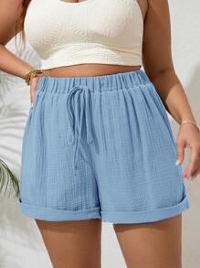 SHEIN VCAY 大码女式纯色腰带褶饰休闲短裤