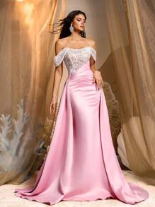 Glamrae Luxury Pearl&Sequin Heavily Embroidered Satin Mermaid Maxi Dress,Off Shoulder Ball Gown Evening Dress With Train Detail&Ruffle Hem For Wedding Party - Dusty Pink - View 4