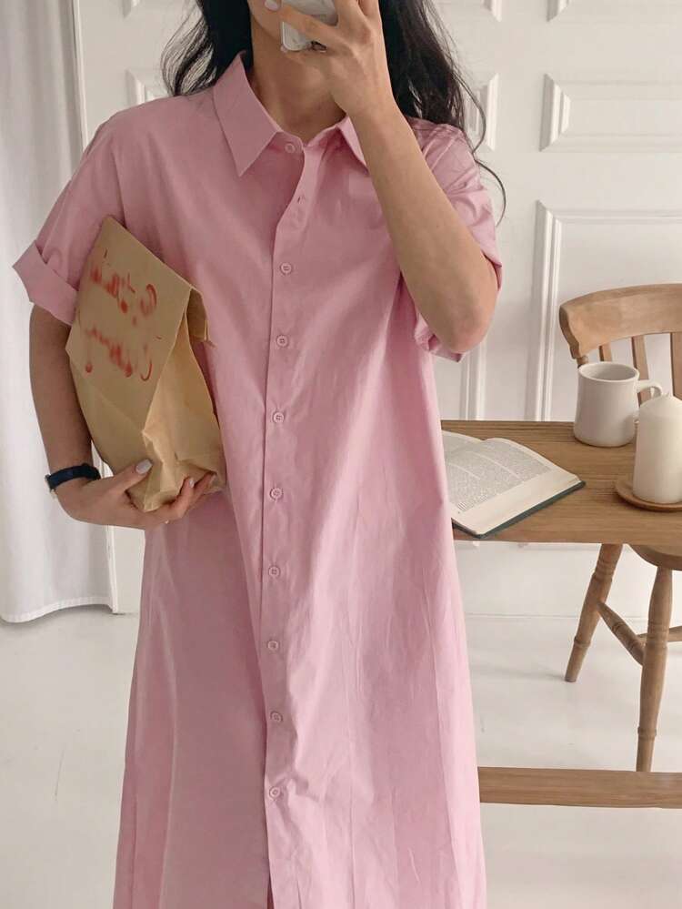 Women's Casual Solid Color Lapel Long Sleeve Mid-Length Dress, Spring/Summer