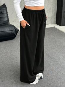 SHEIN EZwear 大码深灰色羊毛保暖柔软休闲抽绳宽松裤 - 黑色 - 查看 3