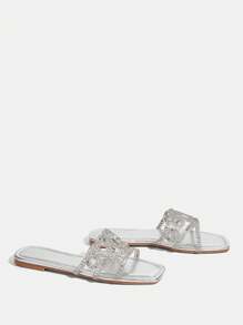 CUCCOO TILAWA Women's Fashion Square Toe Casual Outdoor Rhinestone Slip-On Flat Sandals - Silver - View 7