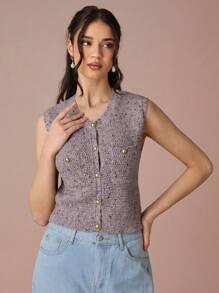 Enchnt Women's Solid Color Front Button Pocket Elegant Sleeveless Sweater Vest - Dusty Pink - View 1