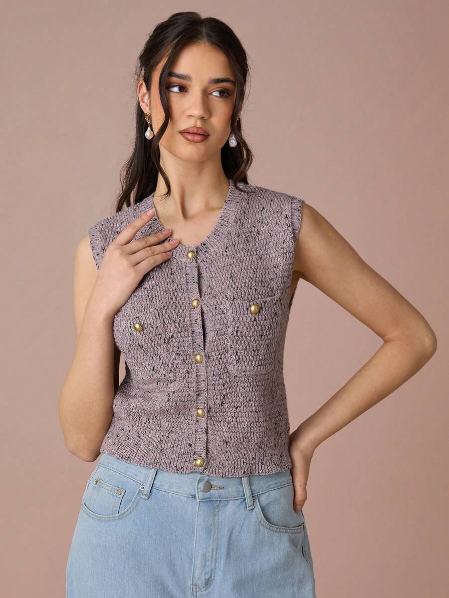 Enchnt Women's Solid Color Front Button Pocket Elegant Sleeveless Sweater Vest - Dusty Pink - View 1