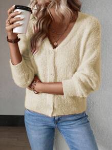 EMERY ROSE Plain Front Button V-Neck Elegant Mink Fur Trim Short Cardigan, Long Sleeve Fall Winter Cloth For Women - Apricot - View 7