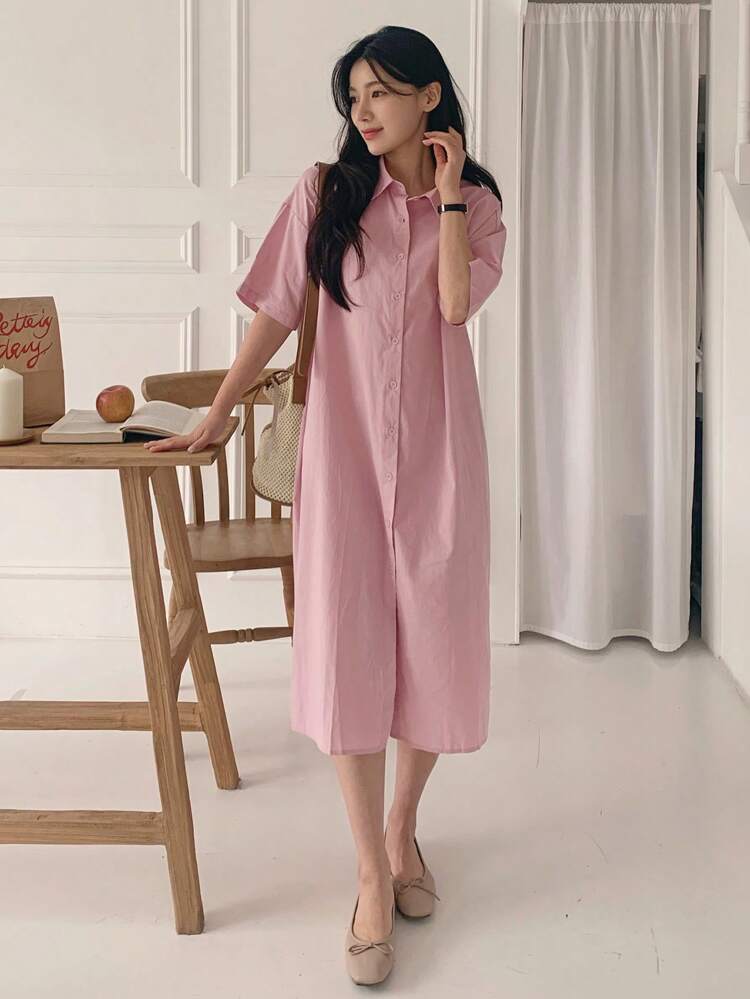 Women's Casual Solid Color Lapel Long Sleeve Mid-Length Dress, Spring/Summer
