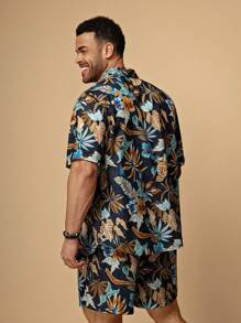 EASEVO Plus Size Men Loose Casual Printed Woven Shirt & Shorts Set - Multicolor - View 6