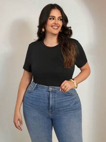 SHEIN Tall CURVE Plus Size Women Round Neck Short Sleeve Casual Bodysuit - Black - View 6
