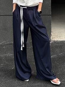 DAZY Pantalones casuales de verano de pierna ancha y suelta con cintura de encaje y bolsillos para mujeres