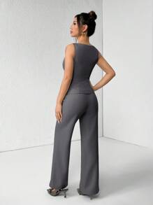 SHEIN PETITE Damen Set aus einfarbiger Rundhals-Weste und Hose, eleganter Pendler-Anzug, Sommer Herbst Damen Kleidung, Büromode, Business Lässig Damen Zweiteiler, Damen Blazer Set, Business Lässig für Frauen