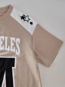 SHEIN Explorewe 2pcs/Set Tween Boys Letter Print Crew Neck Casual Loose T-Shirt & Sports Shorts Set - Apricot - View 7