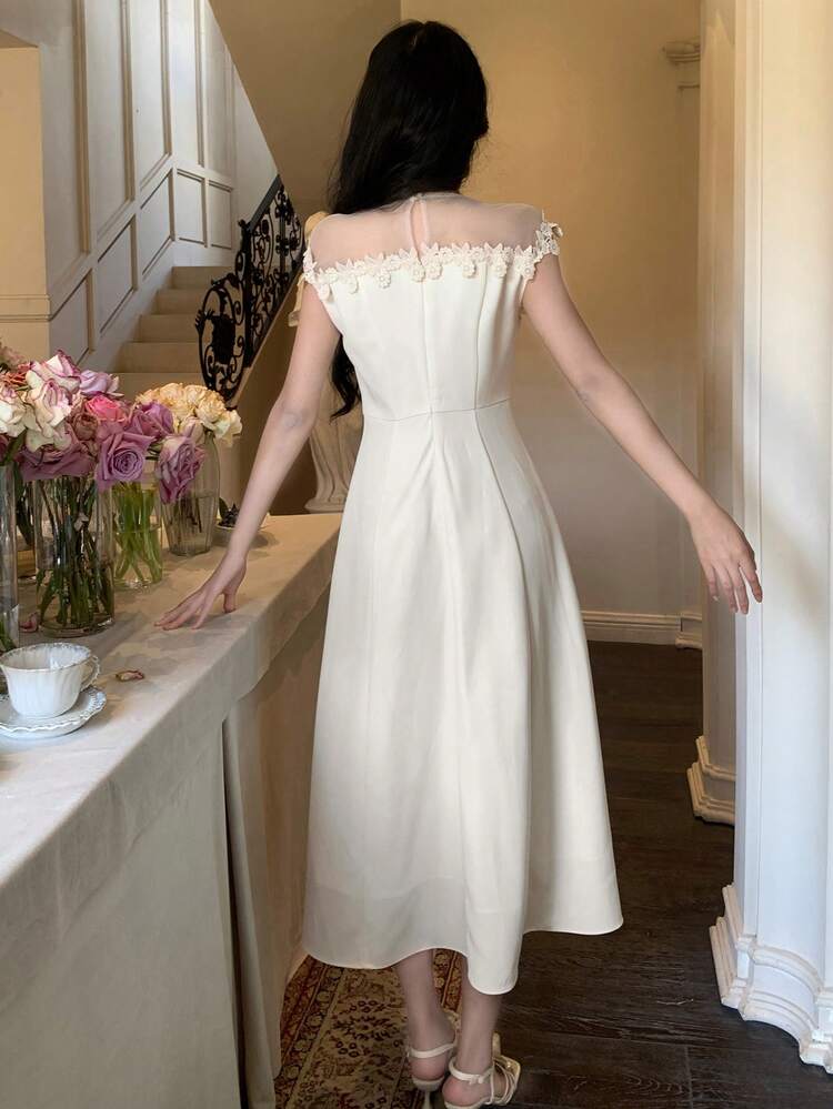 Patchwork Round Neck Sleeveless Long Dress For Women, Milkmaid Dress, Ruffle Dress